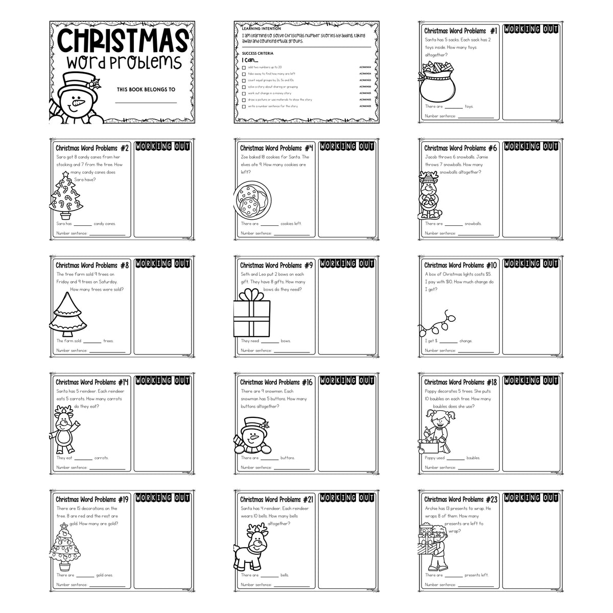 25 Christmas Word Problems Year 1 printable pack, showing the cover, the learning intention page and thirteen black and white task cards.