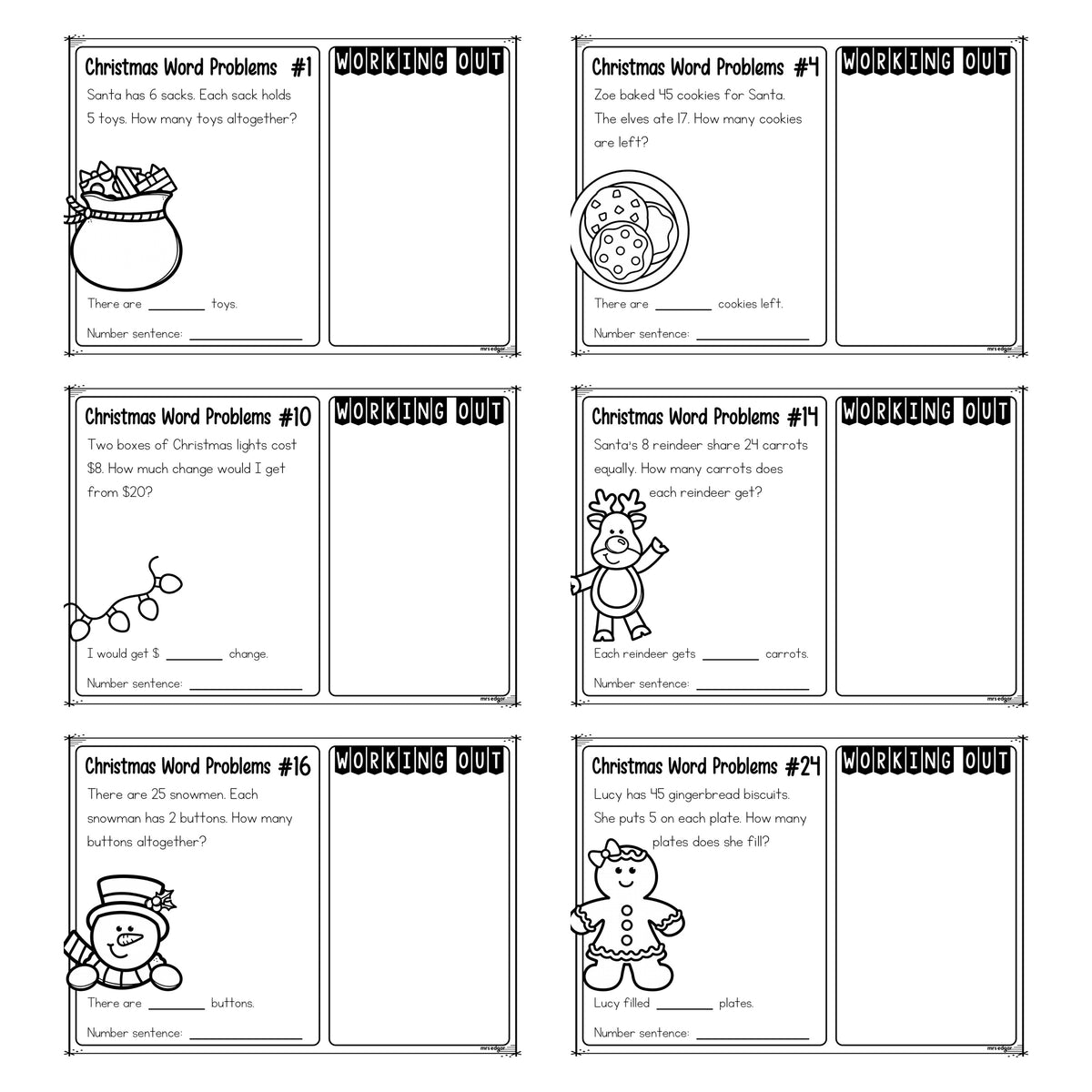 Close up of six Year 2 Christmas word problem task cards, each with a story, a matching picture, a working out panel and a number sentence line.