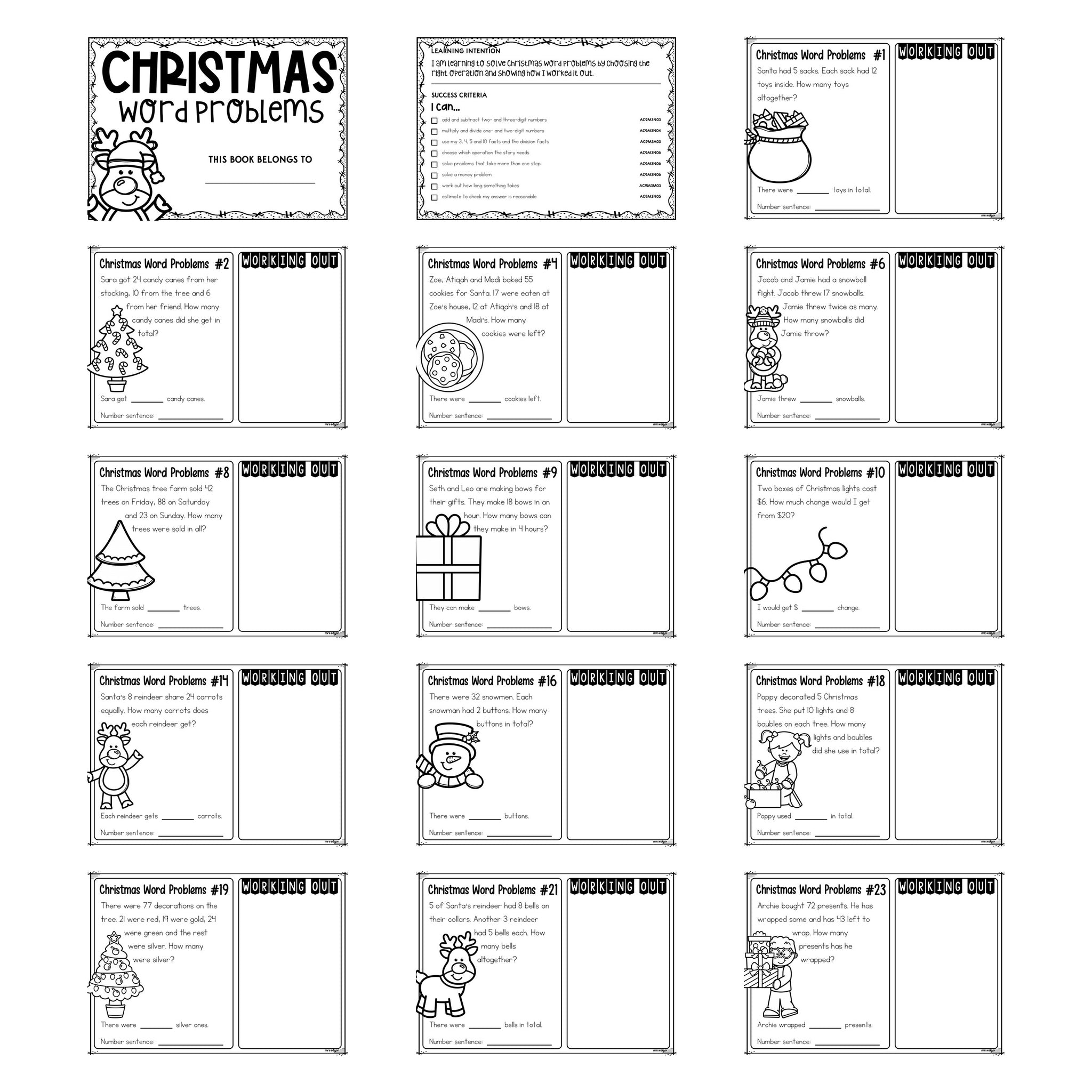 25 Christmas Word Problems Year 3 printable pack, showing the cover, the learning intention page and thirteen black and white task cards.