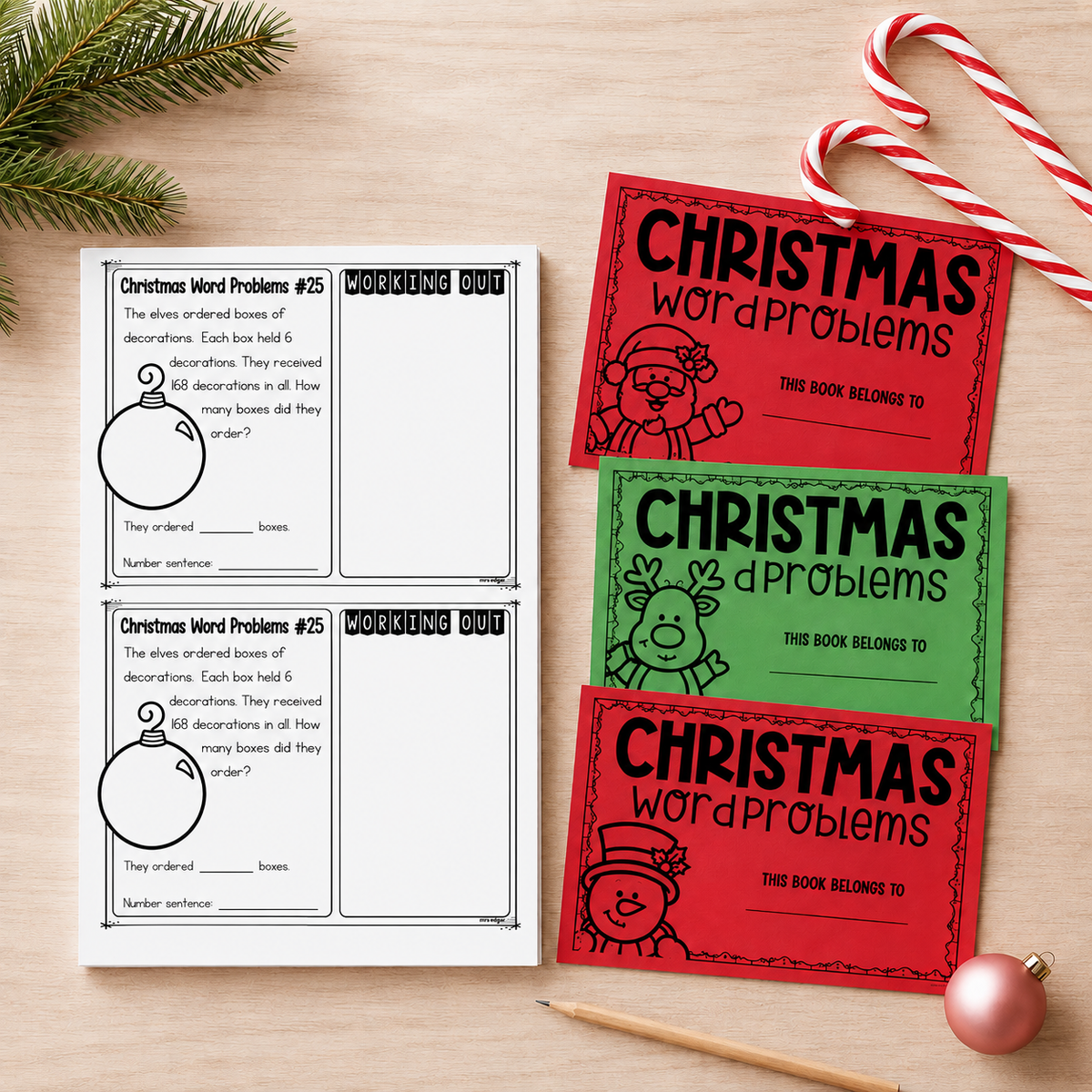 Year 4 Christmas word problem task cards fanned out beside the red and green covers.