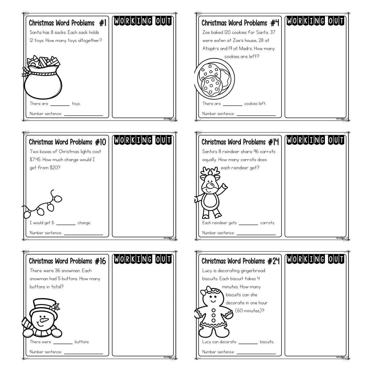 Close up of six Year 4 Christmas word problem task cards, each with a story, a matching picture, a working out panel and a number sentence line.