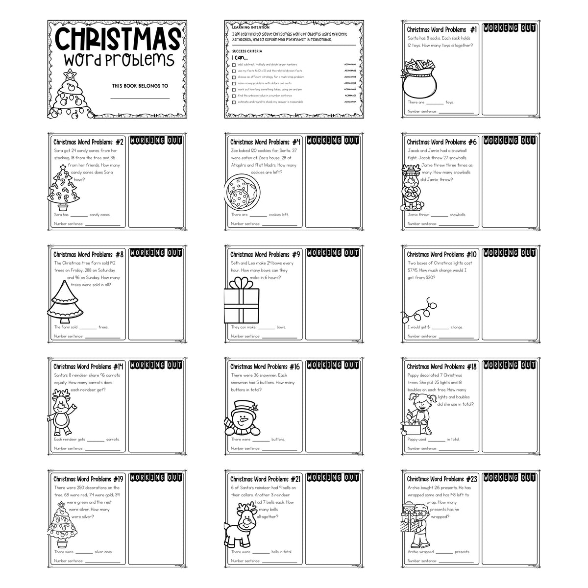 25 Christmas Word Problems Year 4 printable pack, showing the cover, the learning intention page and thirteen black and white task cards.
