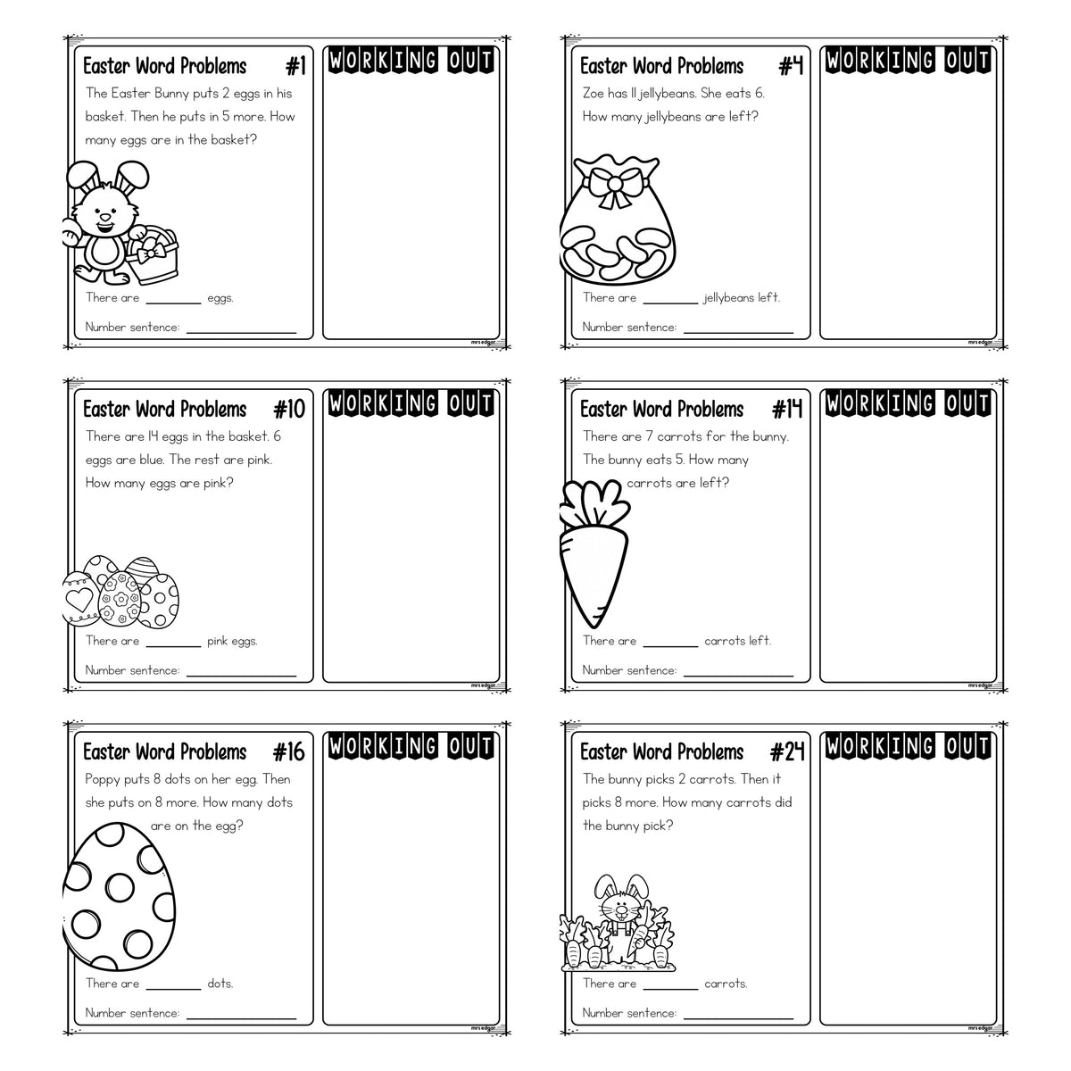 Close up of six Foundation Easter word problem task cards, each with a short story, a matching Easter picture, a working out panel and a number sentence line.