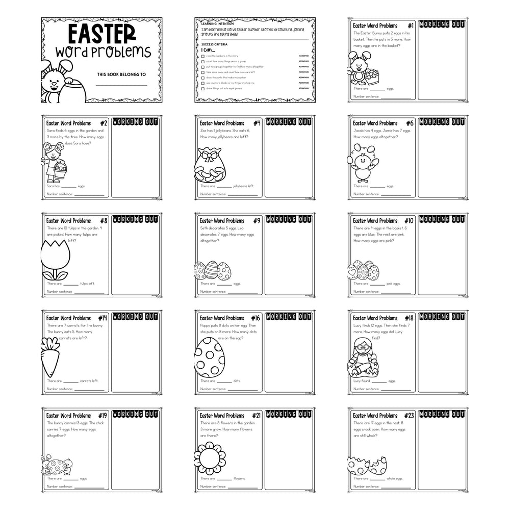 25 Easter Word Problems Foundation printable pack, showing the cover, the learning intention page and thirteen black and white task cards.