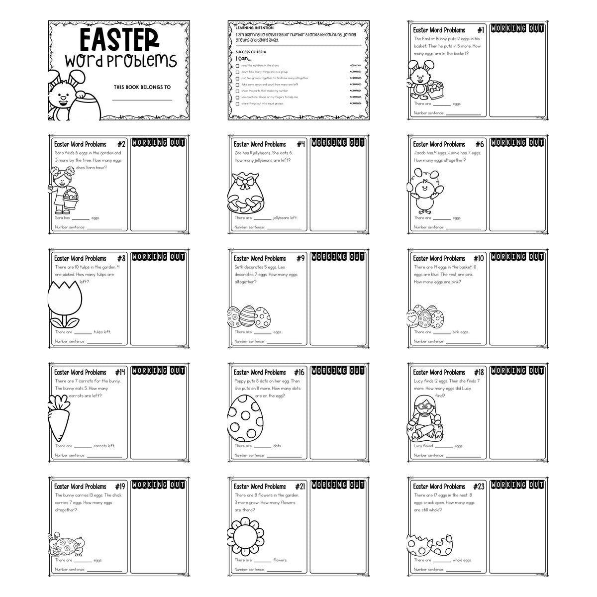 25 Easter Word Problems Foundation printable pack, showing the cover, the learning intention page and thirteen black and white task cards.