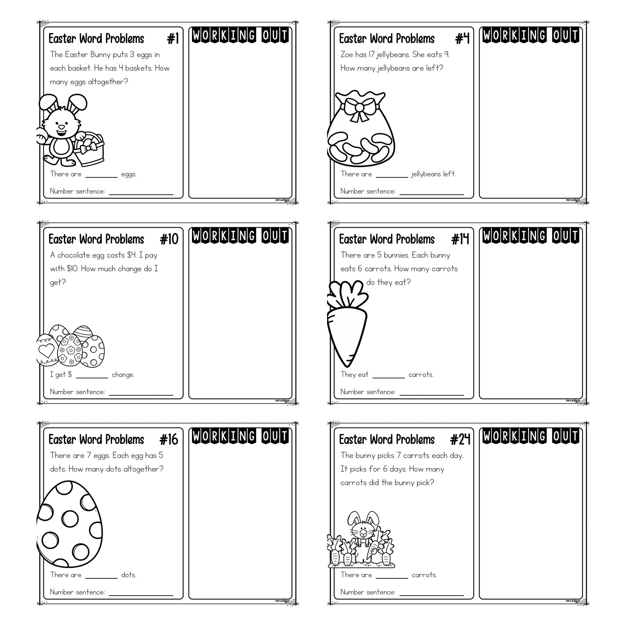 Close up of six Year 1 Easter word problem task cards, each with a story, a matching Easter picture, a working out panel and a number sentence line.