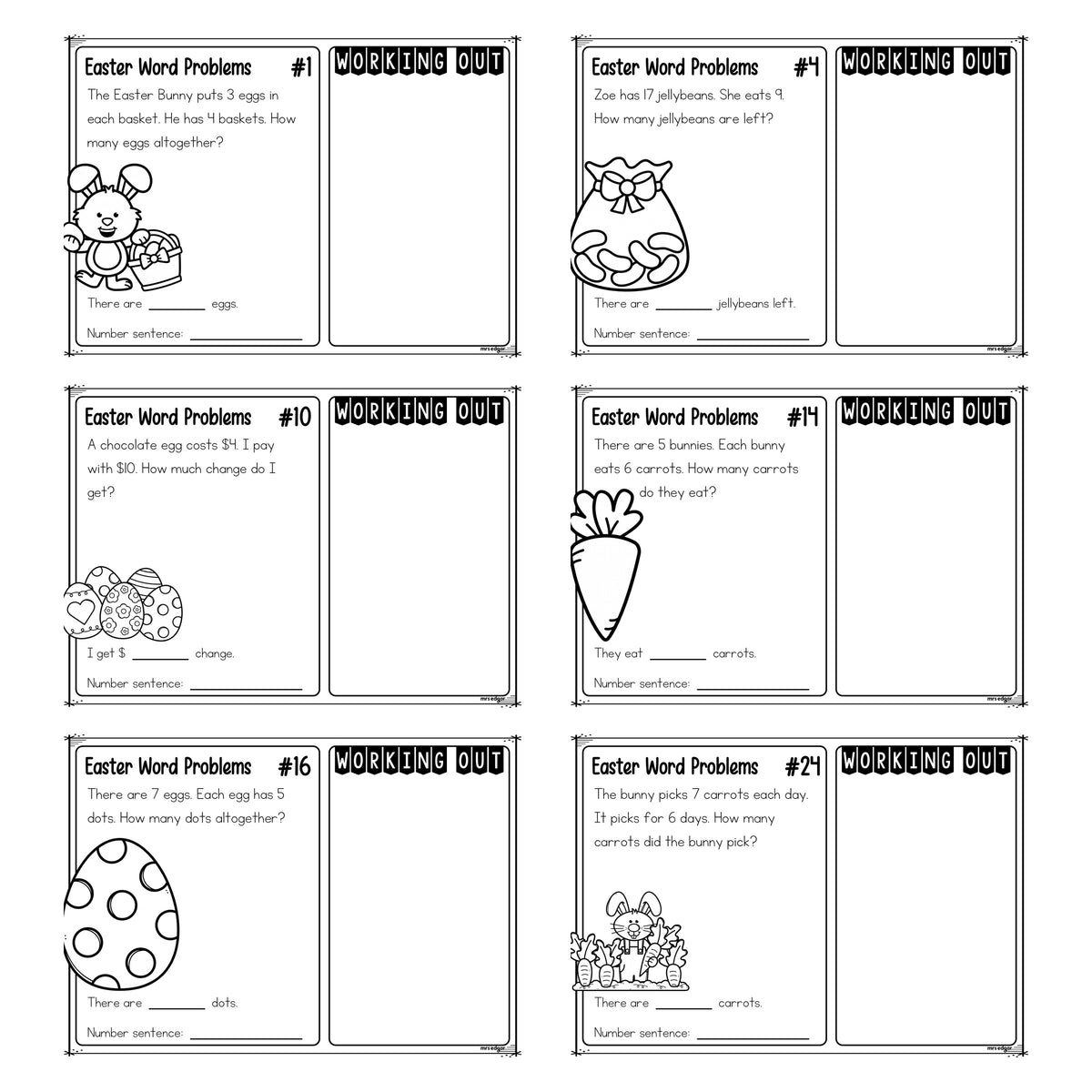 Close up of six Year 1 Easter word problem task cards, each with a story, a matching Easter picture, a working out panel and a number sentence line.
