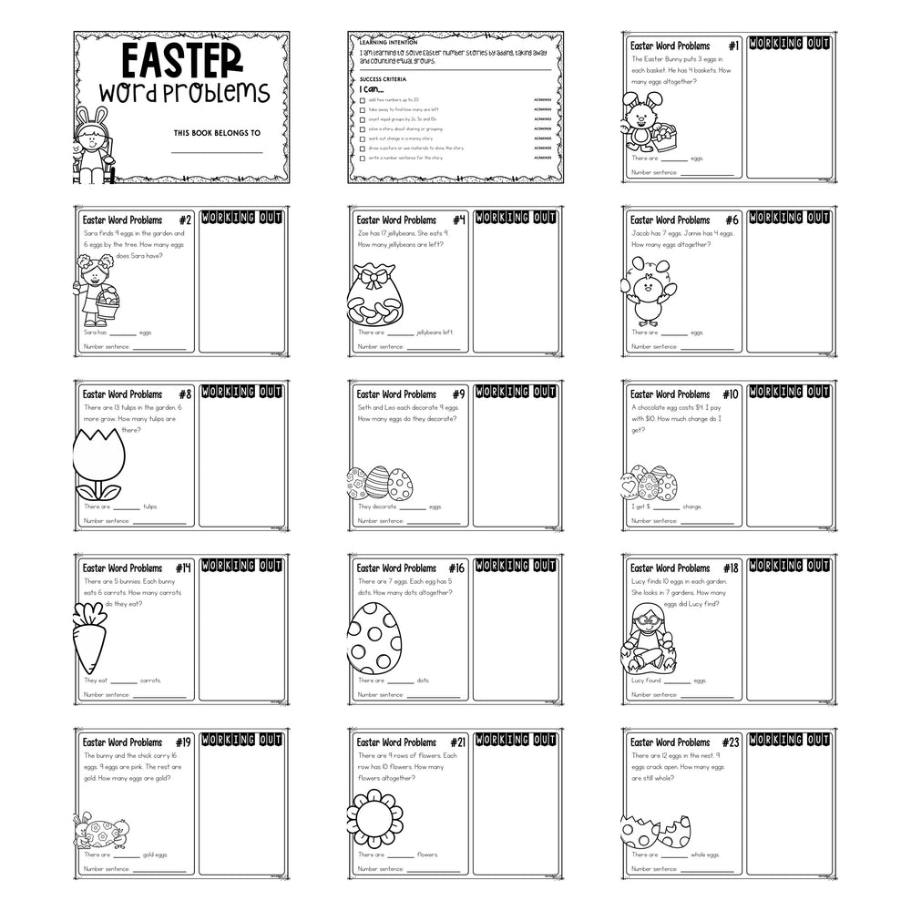 25 Easter Word Problems Year 1 printable pack, showing the cover, the learning intention page and thirteen black and white task cards.