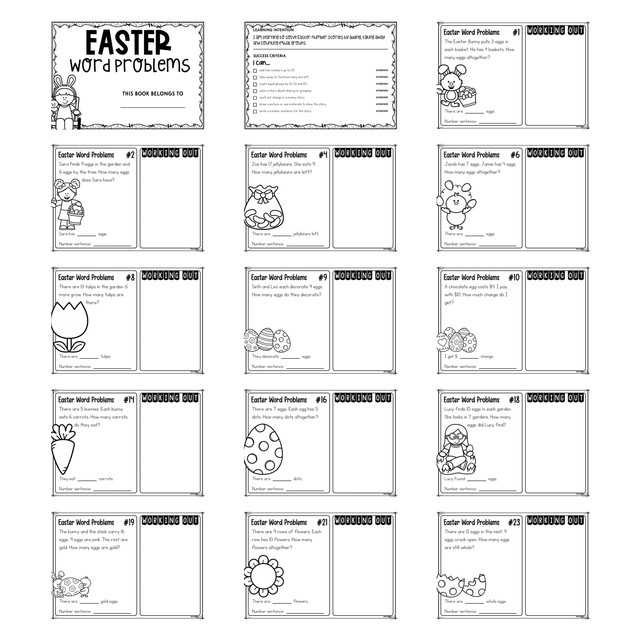 25 Easter Word Problems Year 1 printable pack, showing the cover, the learning intention page and thirteen black and white task cards.