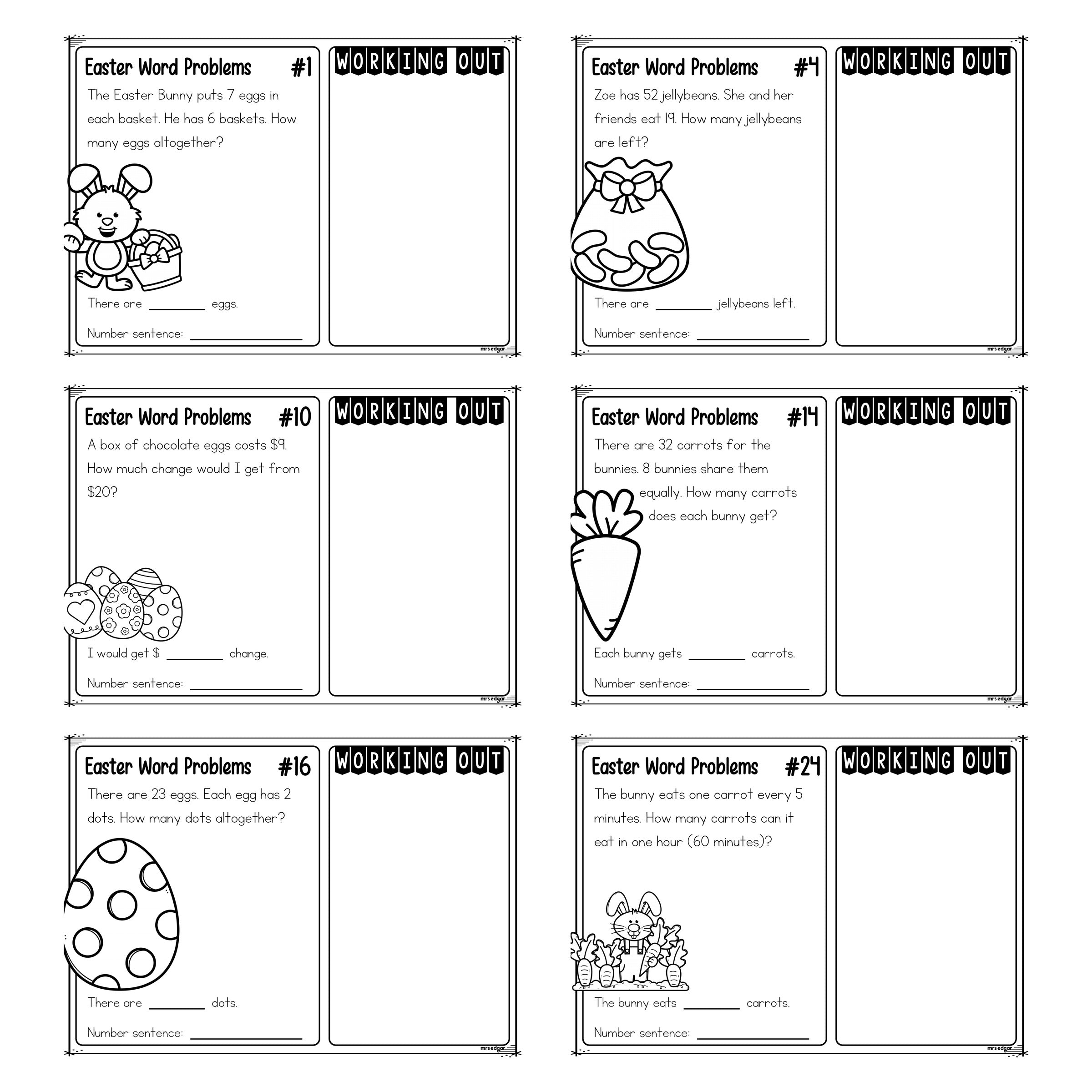 Close up of six Year 2 Easter word problem task cards, each with a story, a matching Easter picture, a working out panel and a number sentence line.