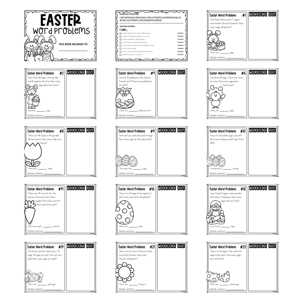25 Easter Word Problems Year 2 printable pack, showing the cover, the learning intention page and thirteen black and white task cards.