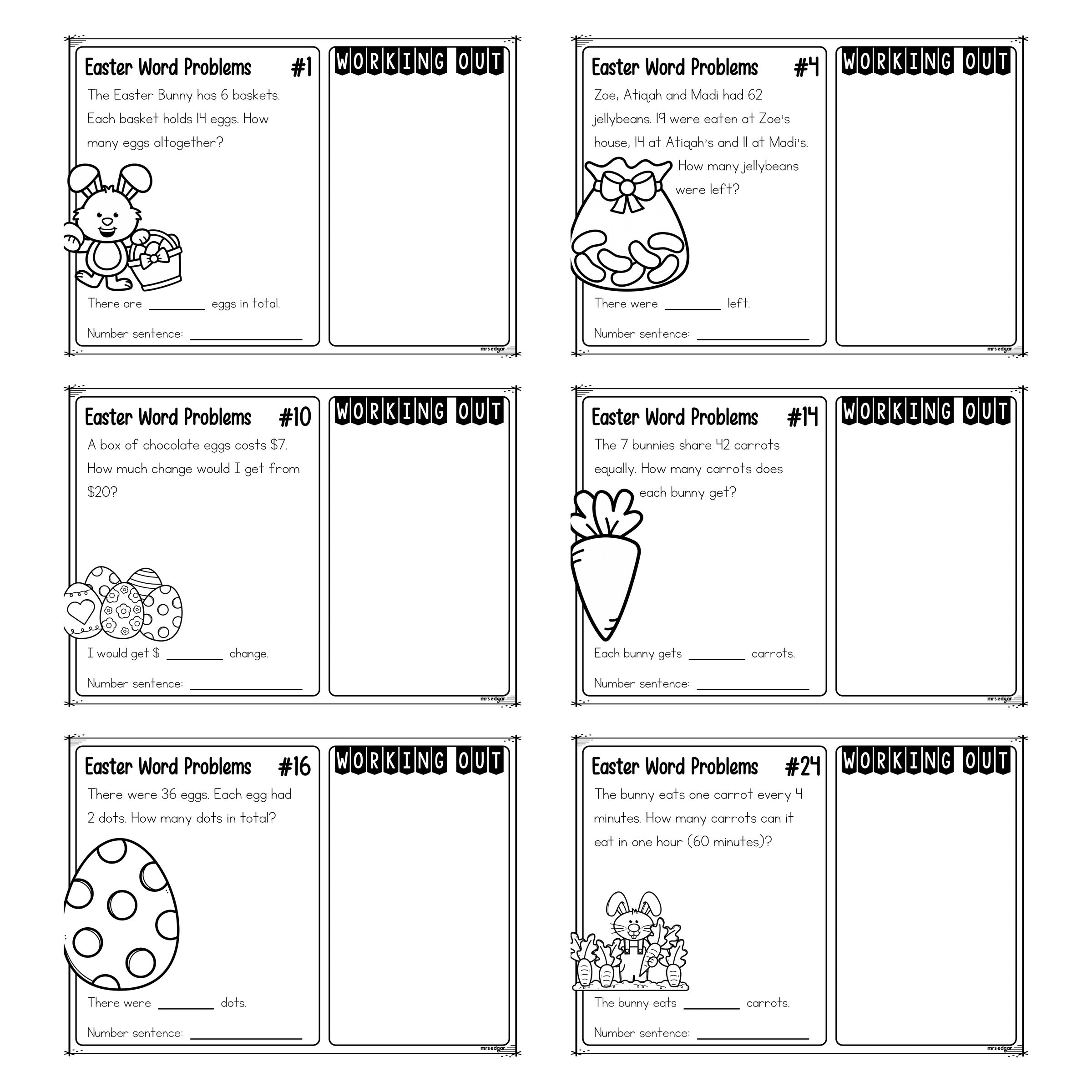 Close up of six Year 3 Easter word problem task cards, each with a story, a matching Easter picture, a working out panel and a number sentence line.