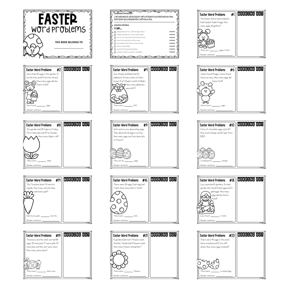 25 Easter Word Problems Year 3 printable pack, showing the cover, the learning intention page and thirteen black and white task cards.