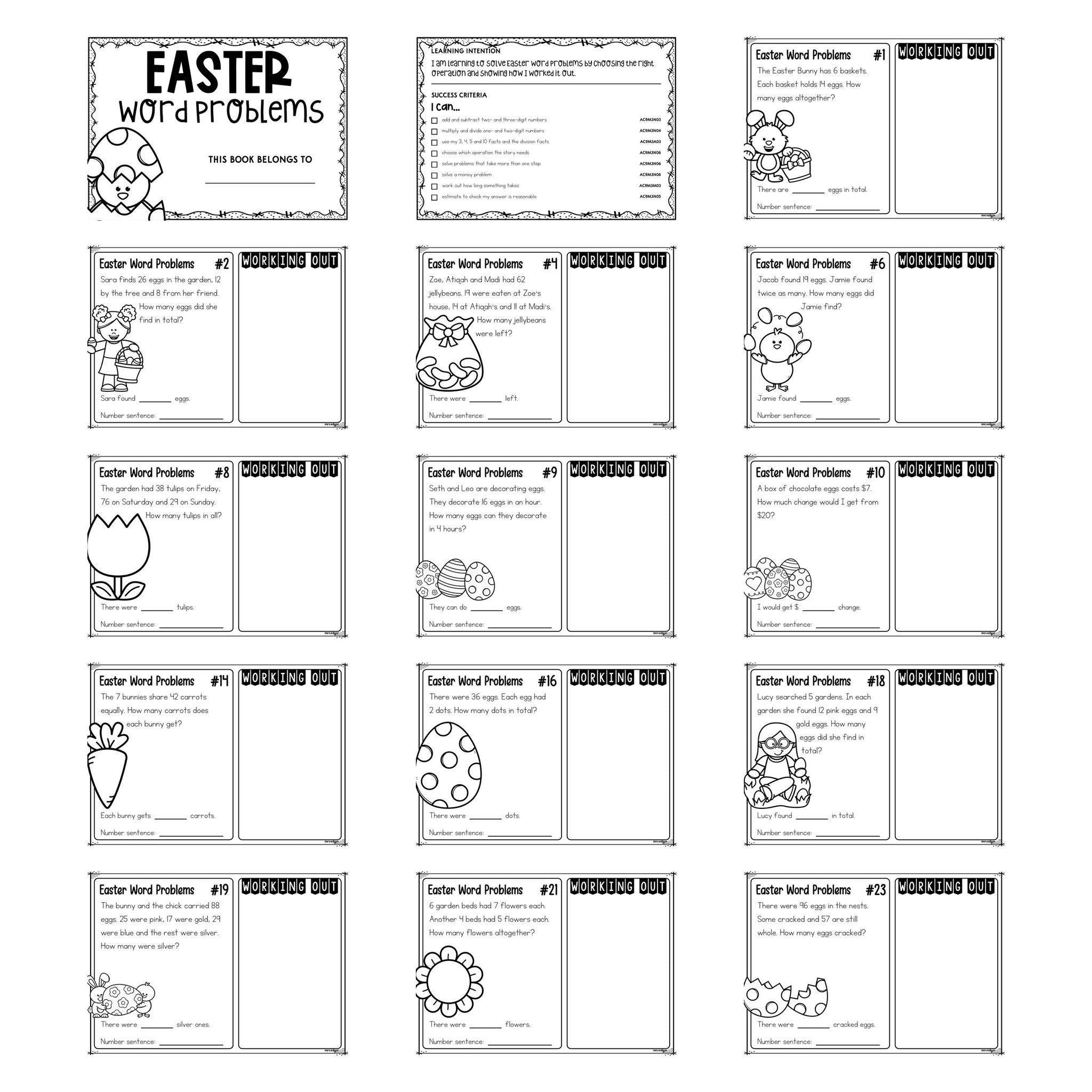 25 Easter Word Problems Year 3 printable pack, showing the cover, the learning intention page and thirteen black and white task cards.