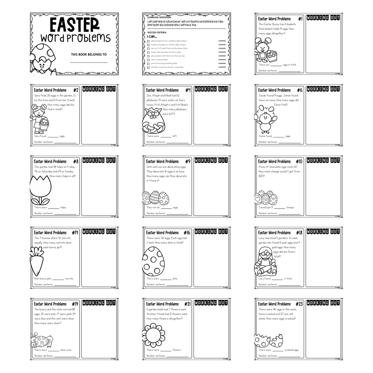 25 Easter Word Problems Year 3 printable pack, showing the cover, the learning intention page and thirteen black and white task cards.