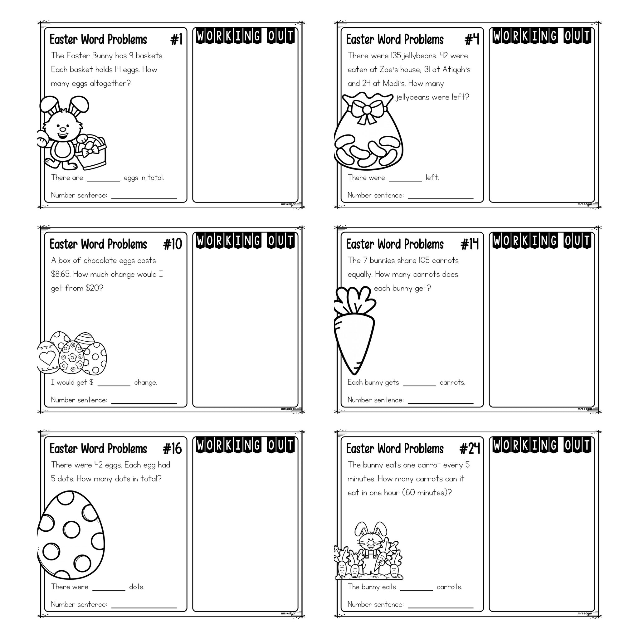 Close up of six Year 4 Easter word problem task cards, each with a story, a matching Easter picture, a working out panel and a number sentence line.