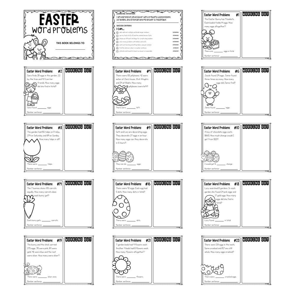 25 Easter Word Problems Year 4 printable pack, showing the cover, the learning intention page and thirteen black and white task cards.