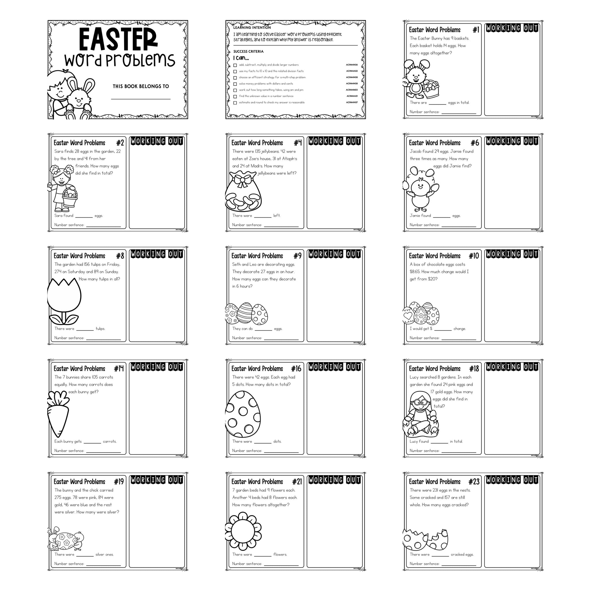 25 Easter Word Problems Year 4 printable pack, showing the cover, the learning intention page and thirteen black and white task cards.