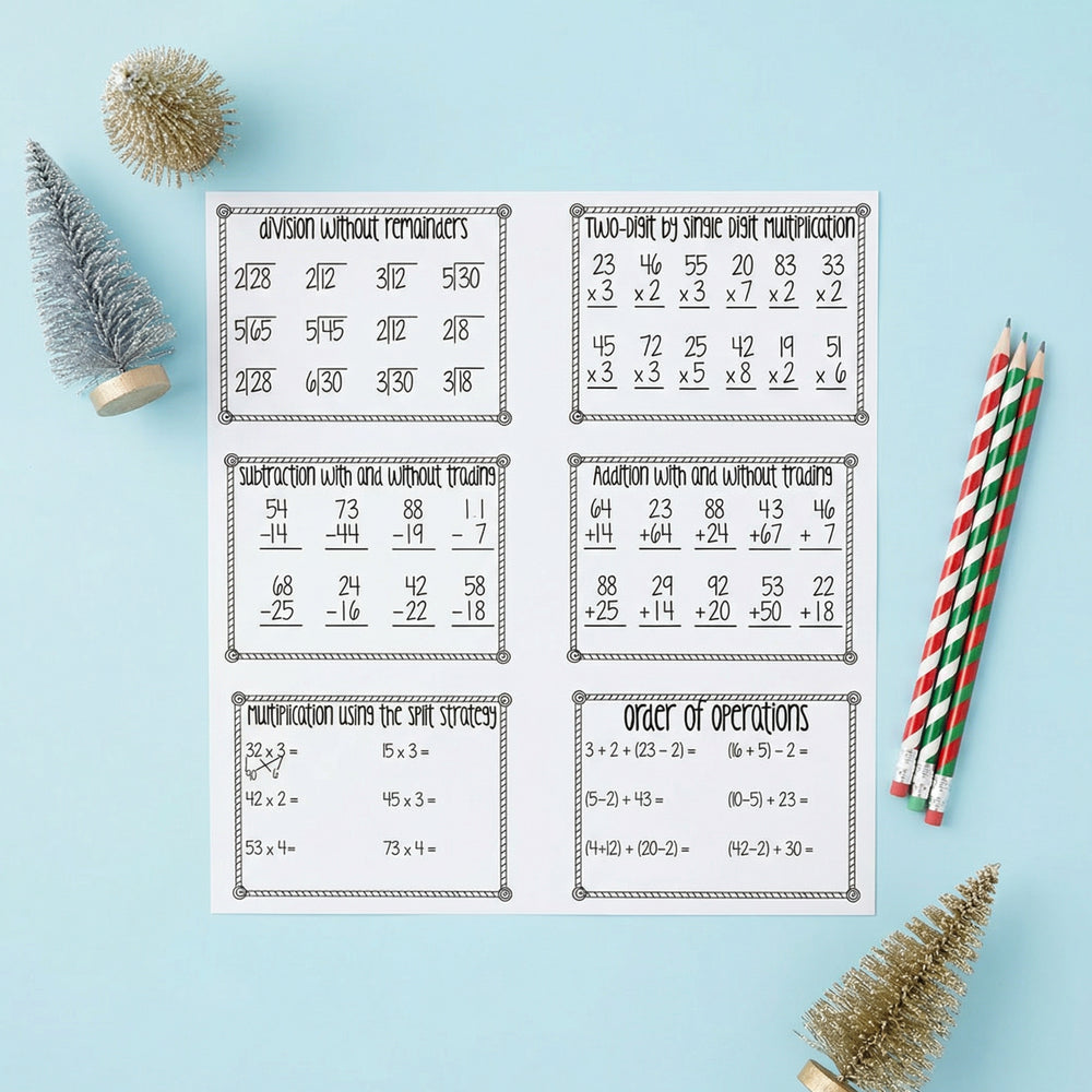 Printable math worksheet page with six boxed activities, including division without remainders, two-digit by single-digit multiplication, subtraction with and without trading, addition with and without trading, multiplication using the split strategy, and order of operations. The page is photographed on a light blue background with festive pencils and miniature Christmas trees.
