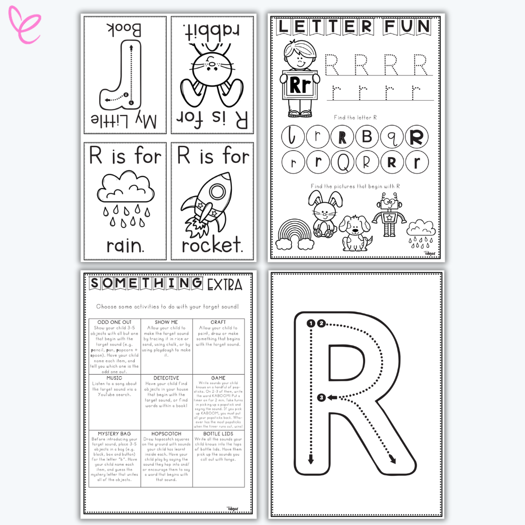 Printable phonics activity pack focused on the letter R, including handwriting practice and themed vocabulary cards.