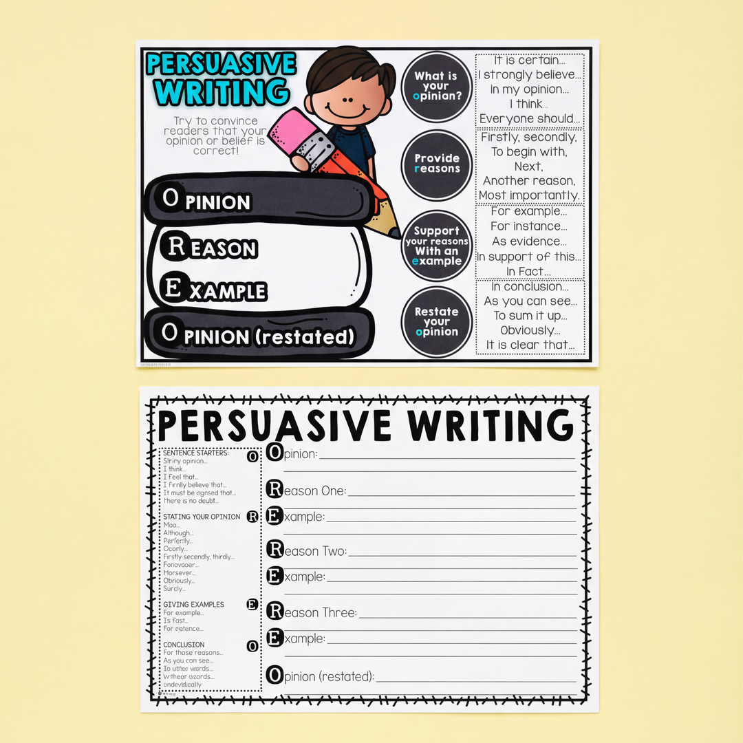 Persuasive writing teaching resource with colourful visuals explaining the OREO structure: Opinion, Reason, Example, Opinion (restated). Includes a breakdown of persuasive phrases, a writing template shaped like an OREO cookie, and a planning worksheet with sections for an introduction, reasons, examples, and conclusion. 