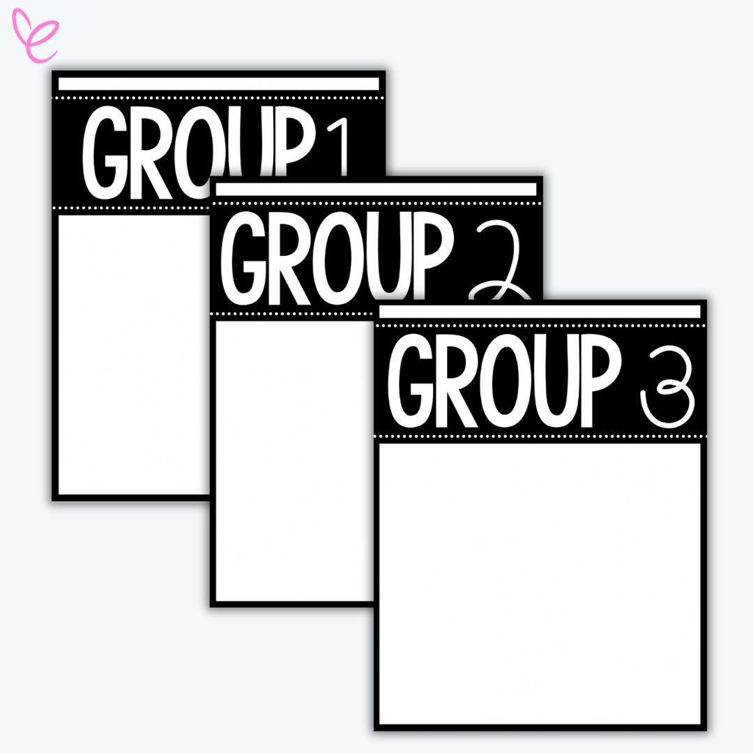 A black and white version of classroom group display posters labeled "Group 1", "Group 2", and "Group 3", ideal for printing and customising with student names.