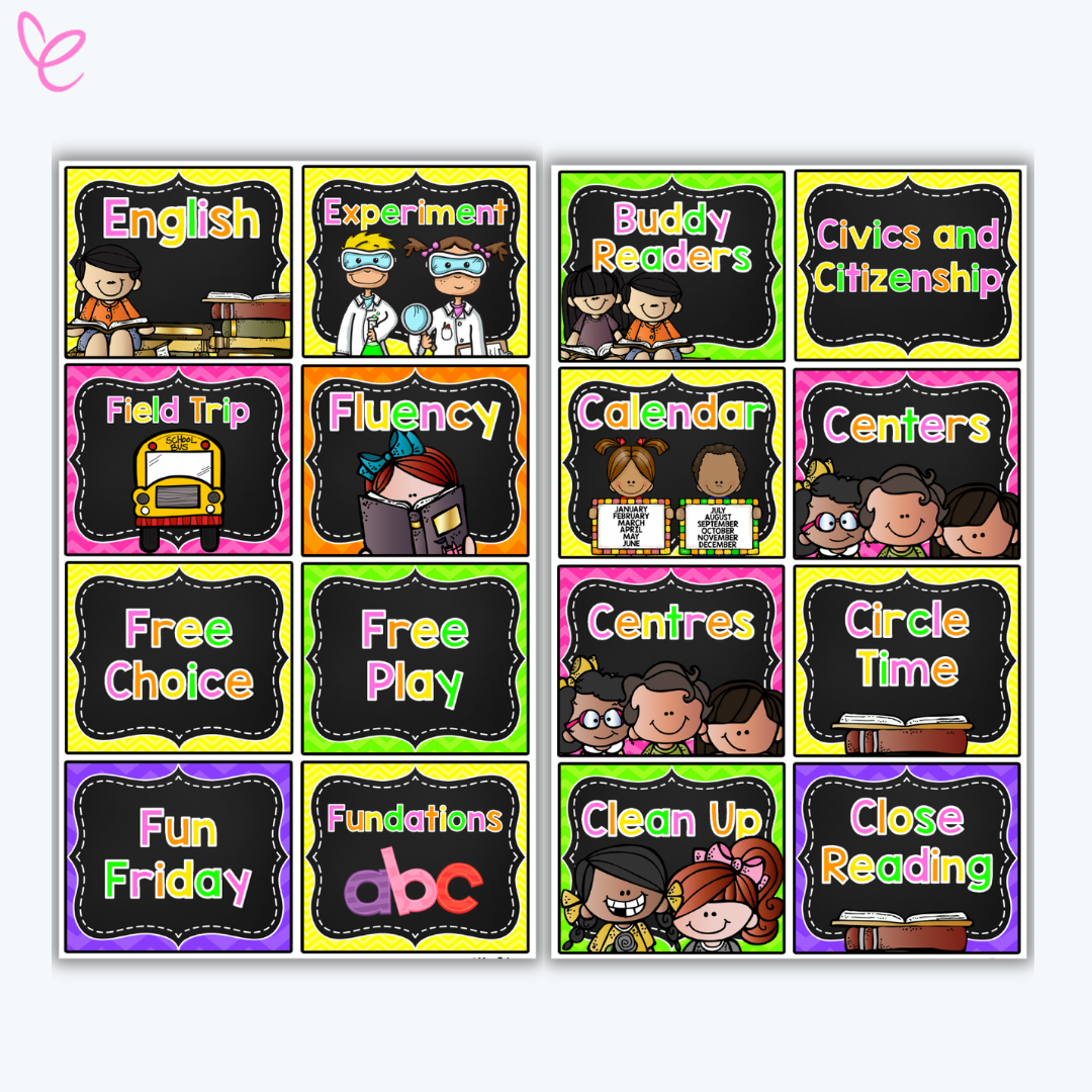 Brightly coloured classroom visual schedule cards including subjects like English, Experiment, Buddy Readers, Civics and Citizenship, Fluency, Centers, Calendar, Free Play, Circle Time, Fun Friday, and Clean Up. Each card displays cheerful illustrations and chalkboard-style labels.