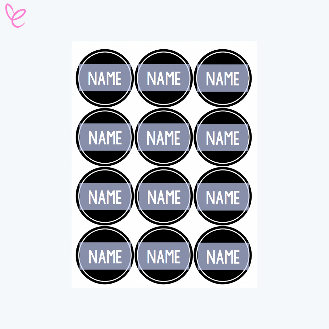 A sheet of circular black name labels with the word "NAME" in white, allowing for editable customisation of student names for classroom organisation or displays.