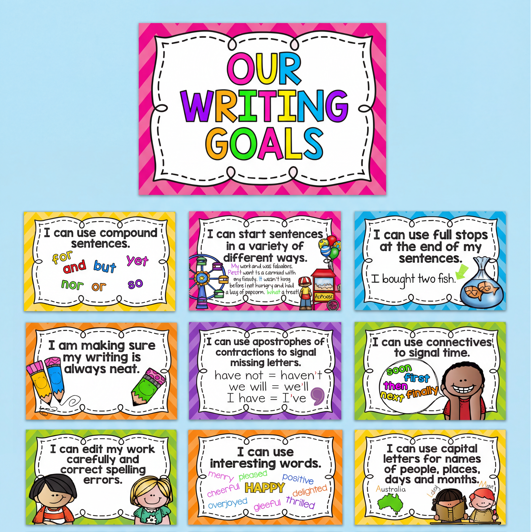 Colorful classroom writing goal posters featuring sentence structure, punctuation, capital letters, contractions, connectives, editing skills, neat handwriting, and vocabulary development. Includes a matching “Our Writing Goals” display banner for literacy learning walls.