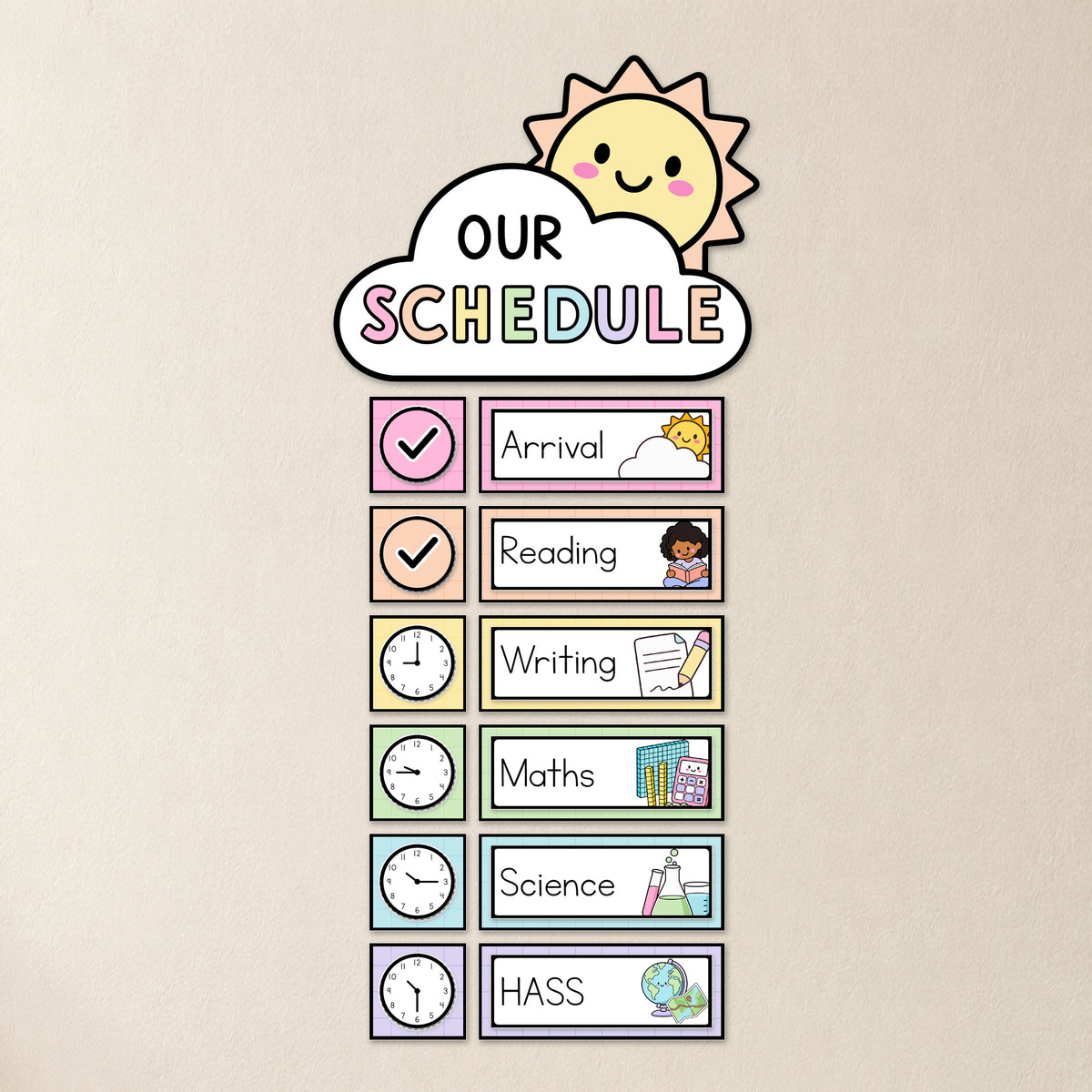 Our Class Schedule display with picture subject cards and time tags in soft Gentle colours