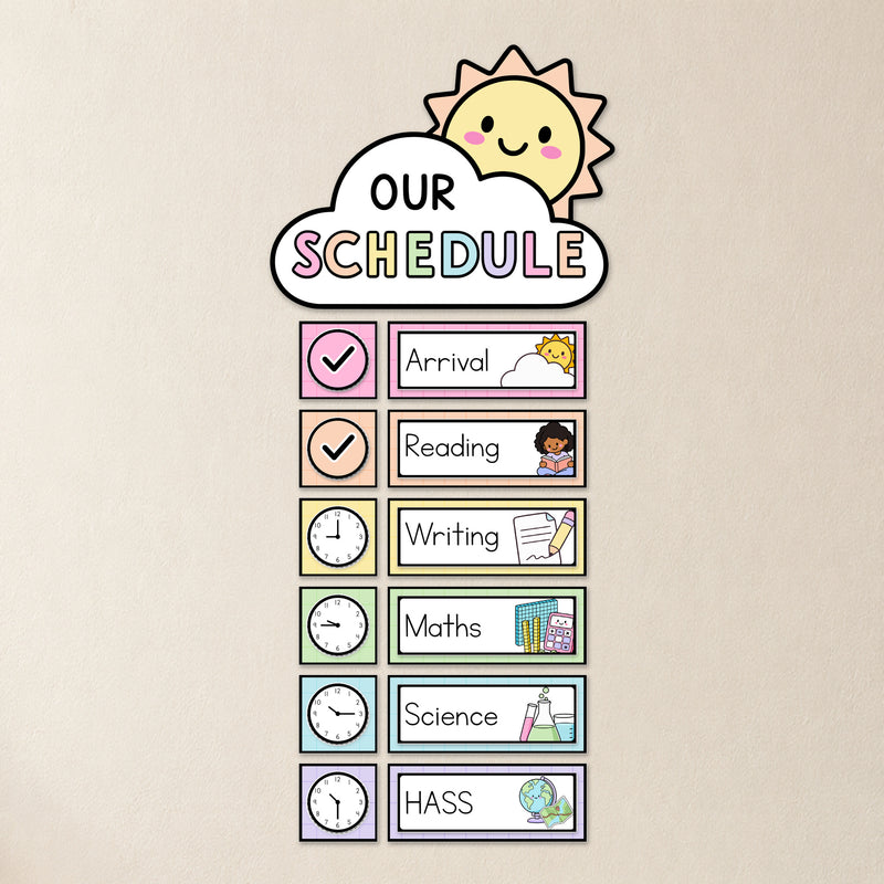 Our Class Schedule display with picture subject cards and time tags in soft Gentle colours