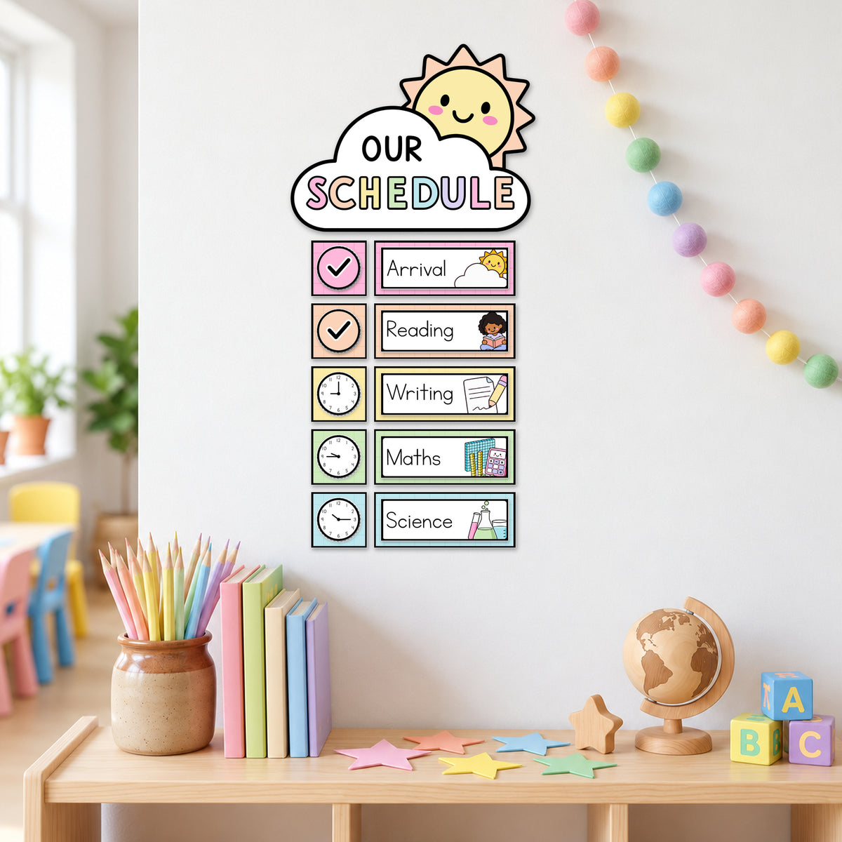 Visual schedule cards displayed in a column on a classroom shelf wall, soft Gentle colours