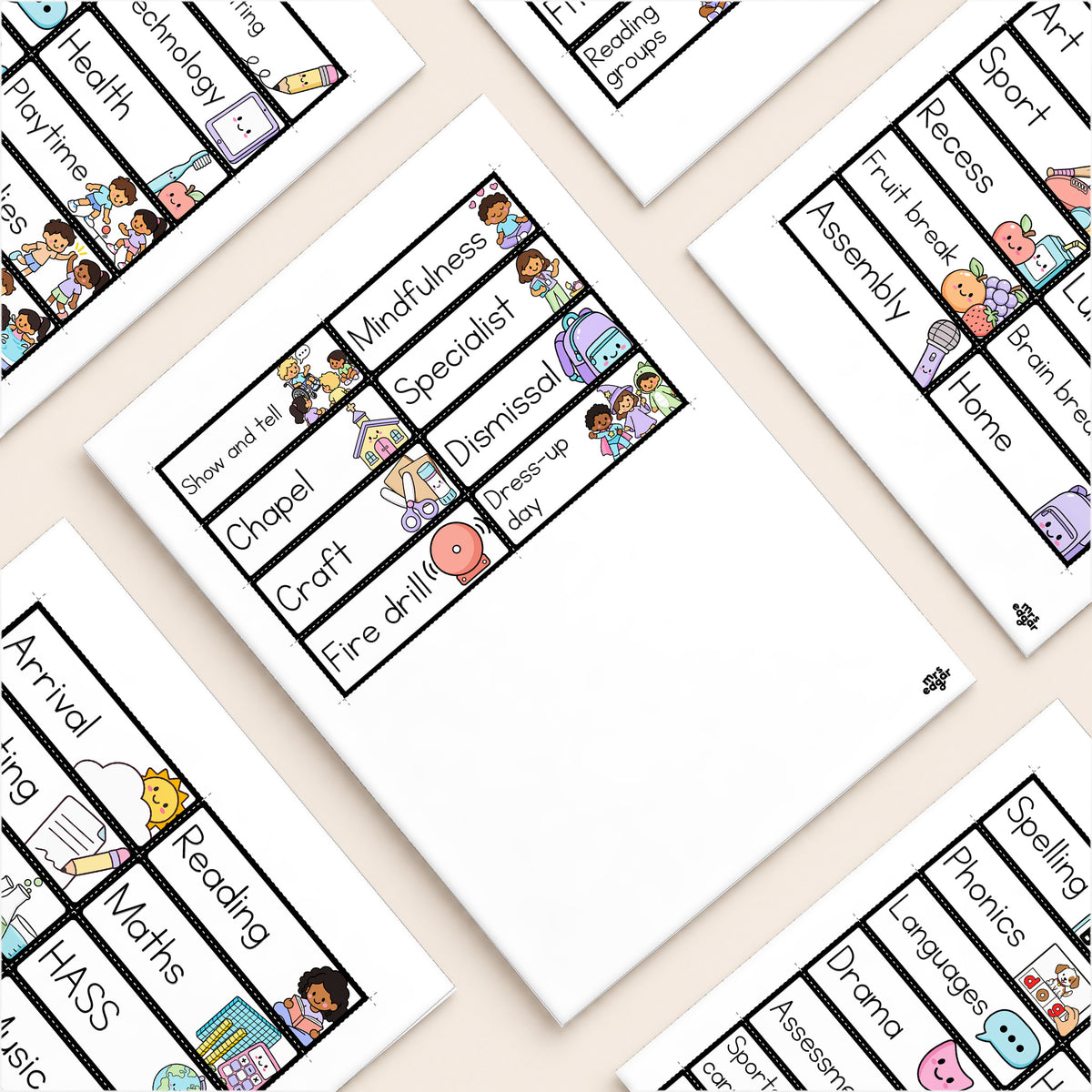 Flat lay of visual schedule subject cards with pictures, soft Gentle colours