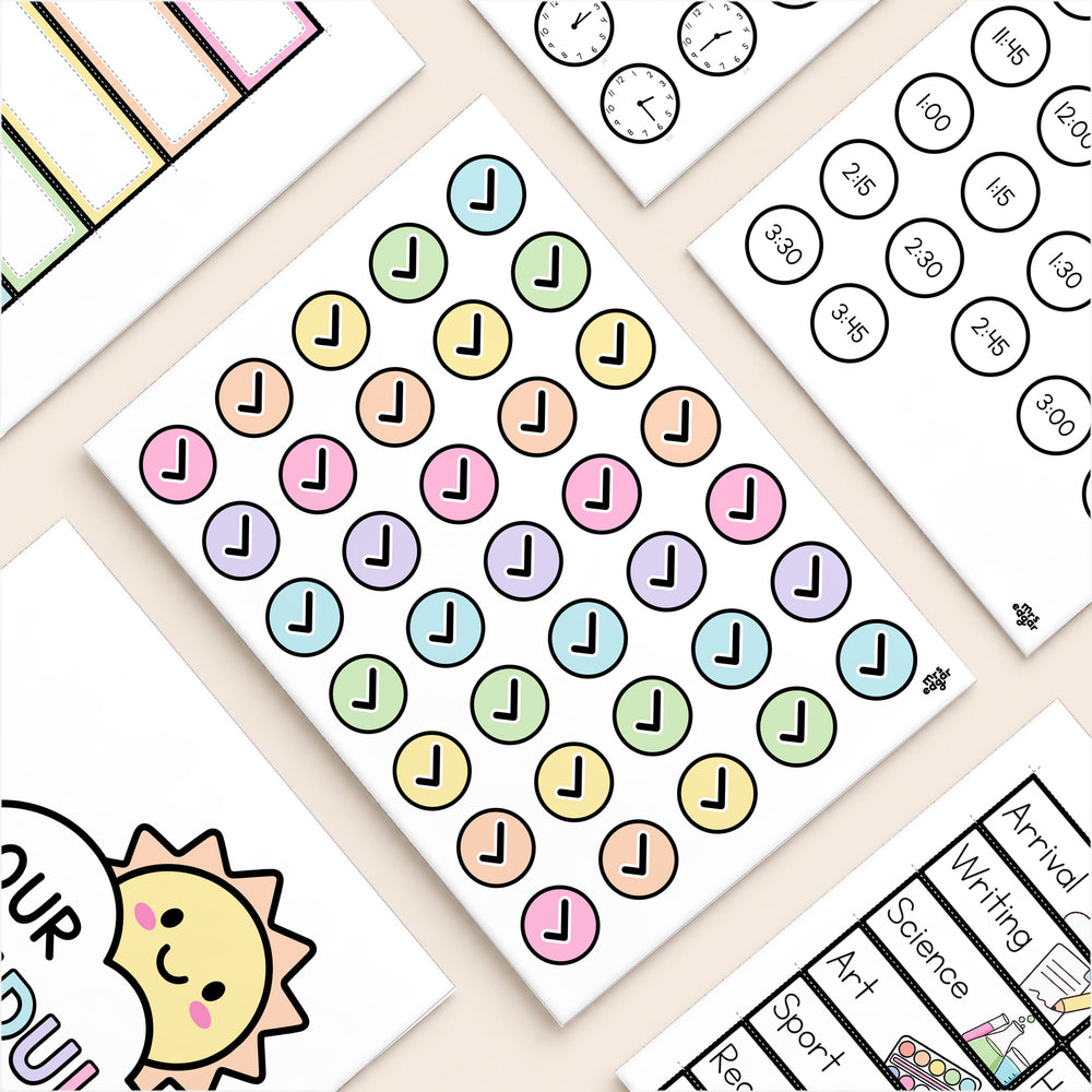 All the visual schedule parts - subject cards, time tags, Our Class Schedule header and tick tokens