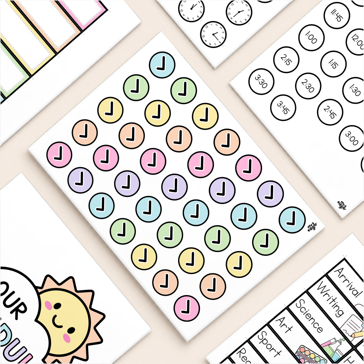 All the visual schedule parts - subject cards, time tags, Our Class Schedule header and tick tokens