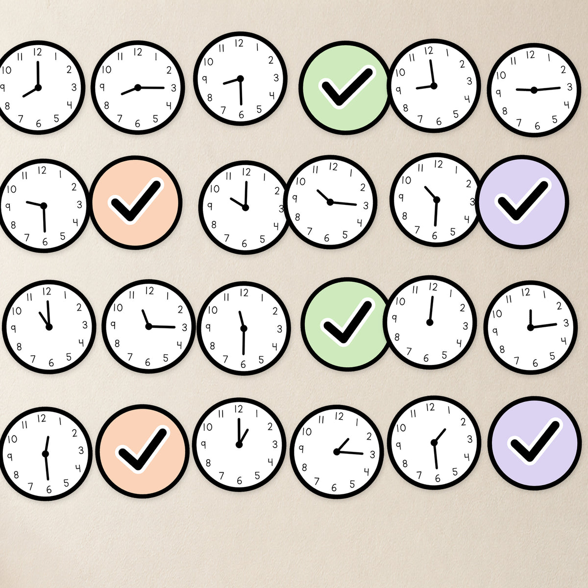 Visual schedule clock clips and done tokens cut out, soft Gentle colours