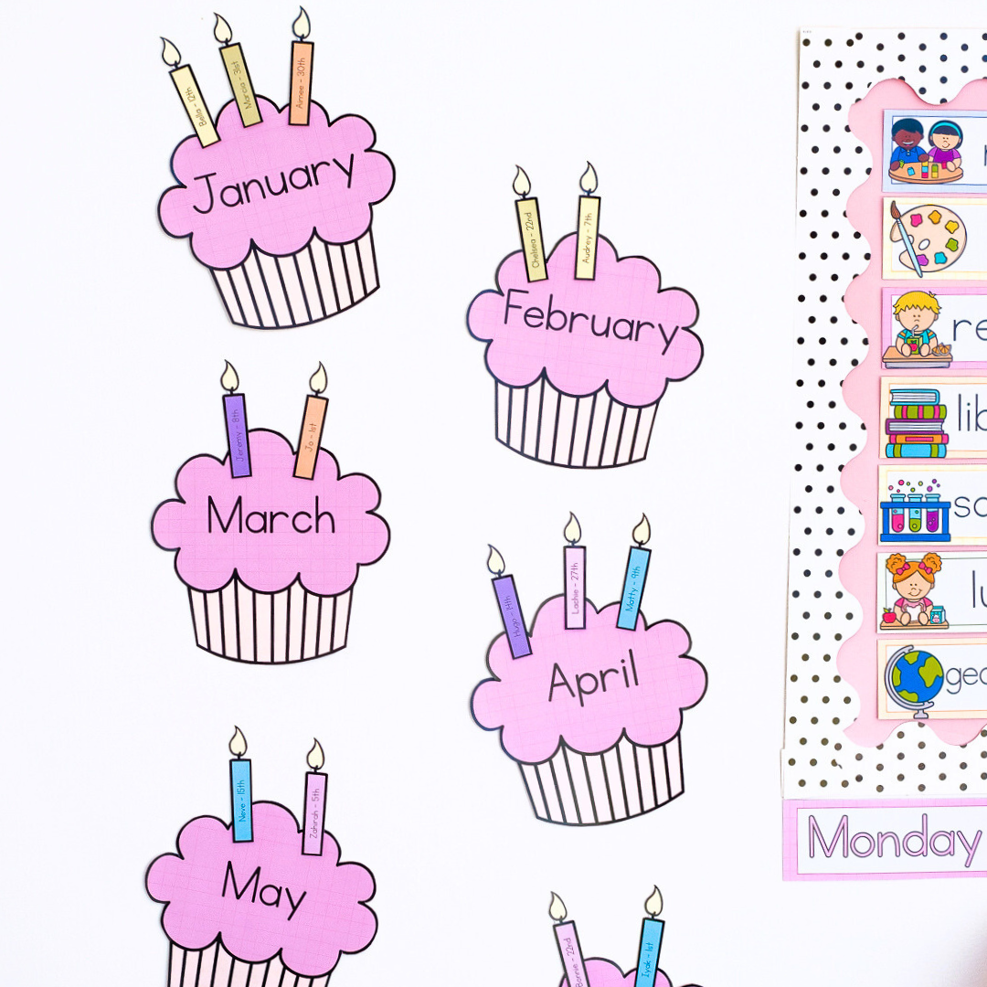 Five pink Birthday Cupcake Posters on a wall, each with candles for student names and birthdates, labelled with different months.