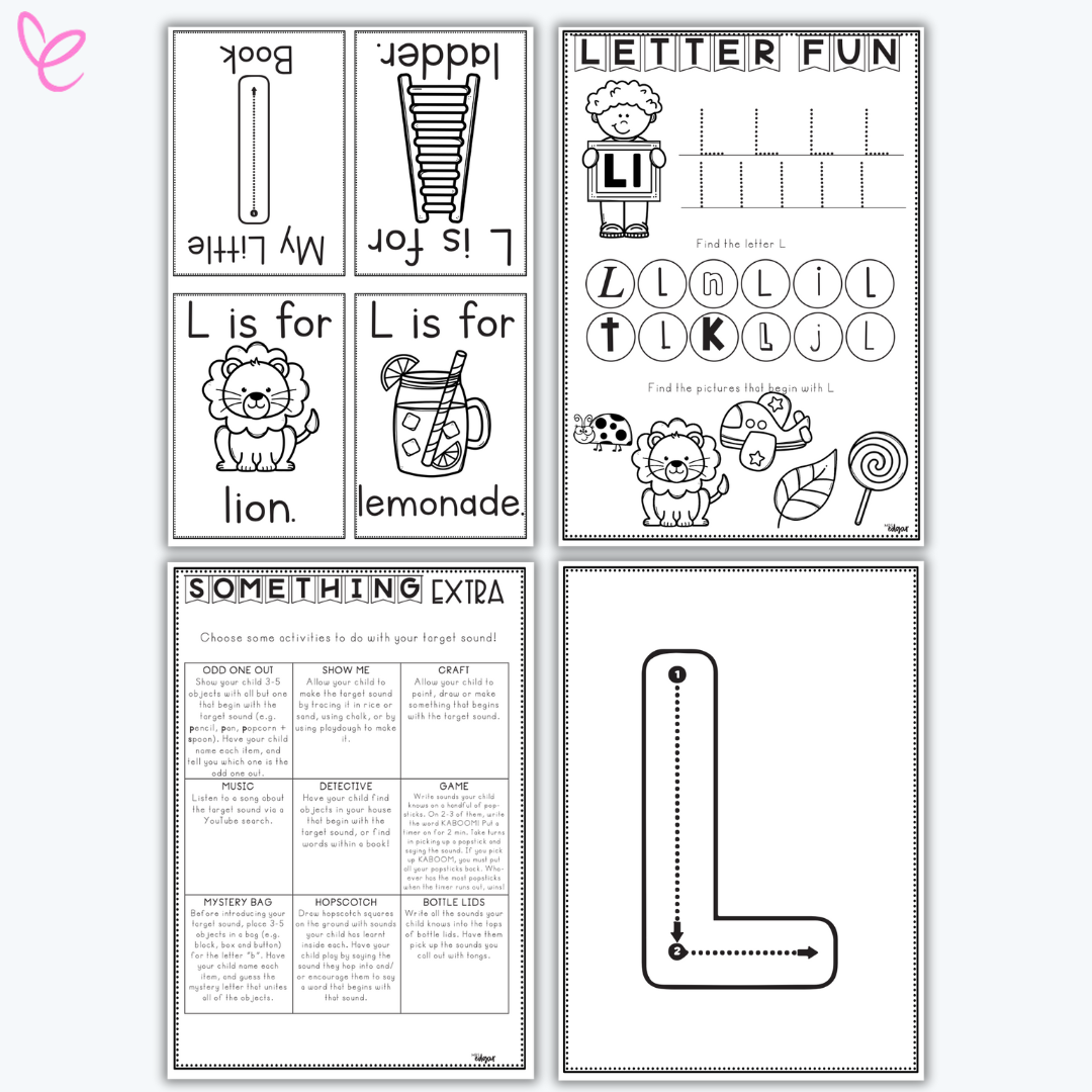 Printable phonics activity pack focused on the letter L, including handwriting practice and themed vocabulary cards.