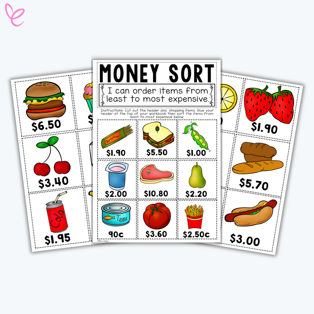 A colourful "Money Sort" activity where students order illustrated food items by price from least to most expensive.
