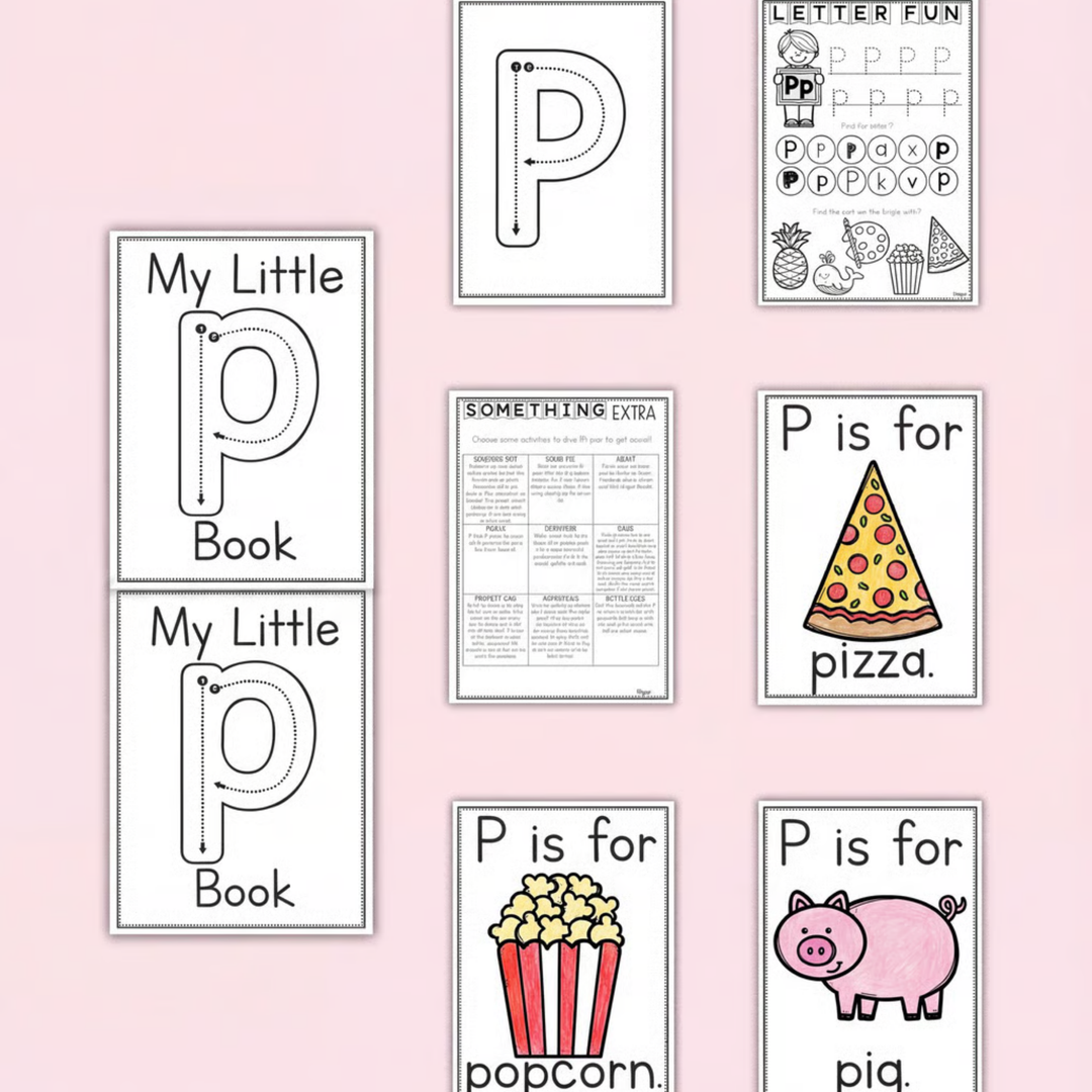 Letter P alphabet and phonics printable activities for preschool, kindergarten, prep, and early years literacy learning. This engaging printable resource helps children recognise, trace, and practise the letter P through handwriting worksheets, beginning sound activities, alphabet tracing pages, mini readers, and interactive phonics tasks. Includes vocabulary and picture cards featuring pizza, popcorn, and pig to support phonemic awareness, vocabulary development, fine motor skills, and early reading 