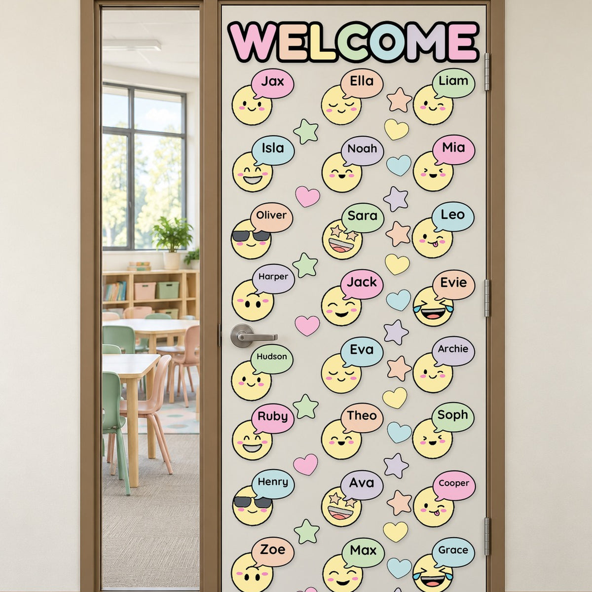 Door Display: Faces, Bubbles & Name Cards | Gentle Classroom Decor