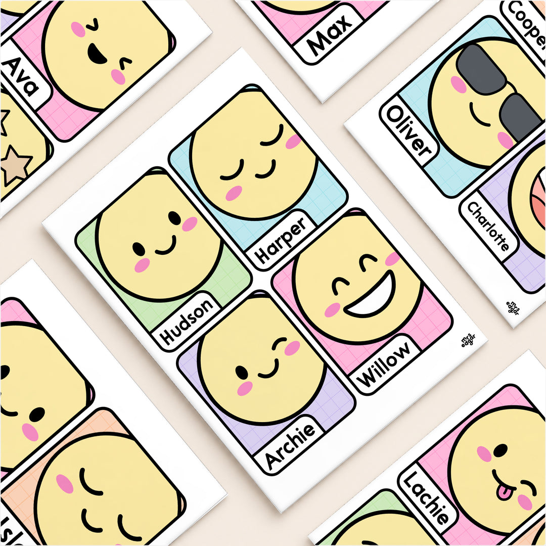 Big-face emoji name cards in soft Gentle colours