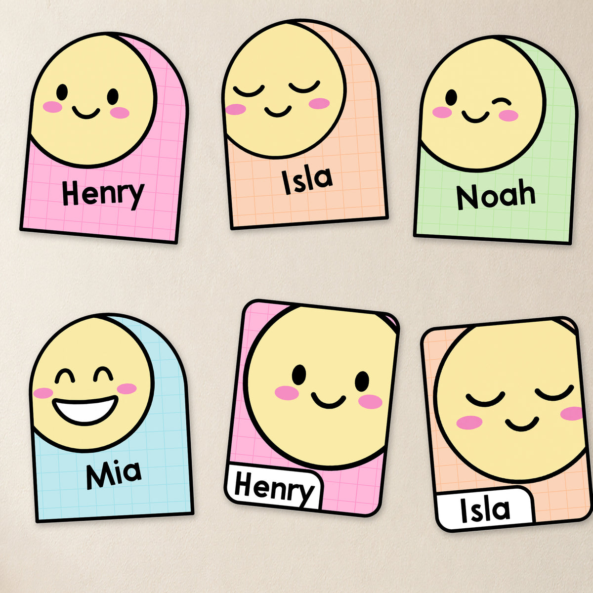 Emoji name cards cut out and ready for desks