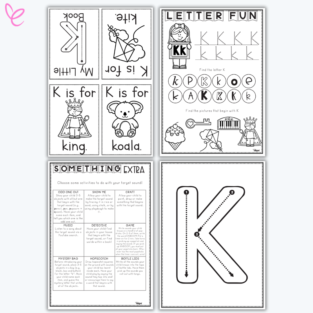 Printable phonics activity pack focused on the letter K, including handwriting practice and themed vocabulary cards.