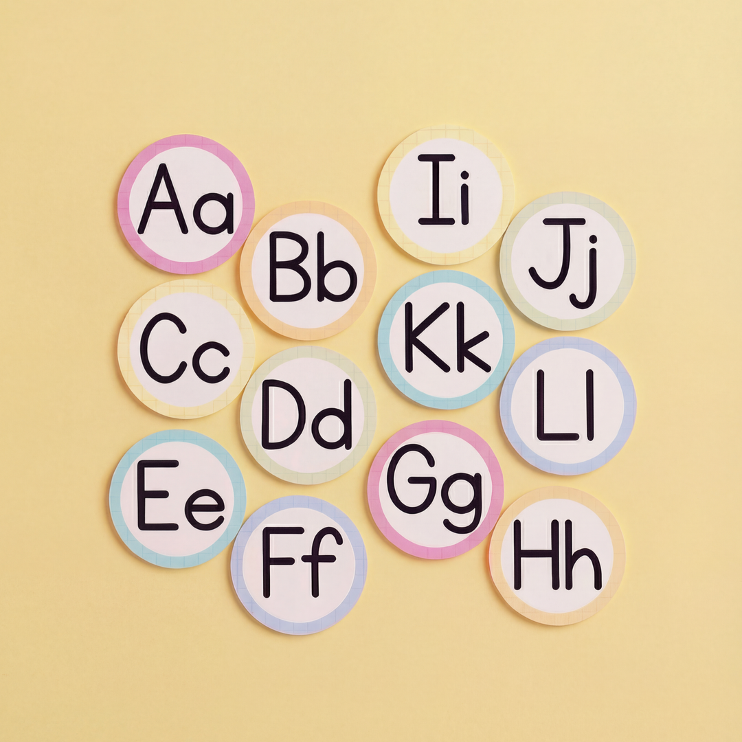 Twelve gentle-coloured alphabet circles showcasing uppercase and lowercase letters from 'Mm' to 'Xx' in pastel shades of pink, yellow, green, and blue. Letters are neatly arranged in three rows for a soft and organised look.