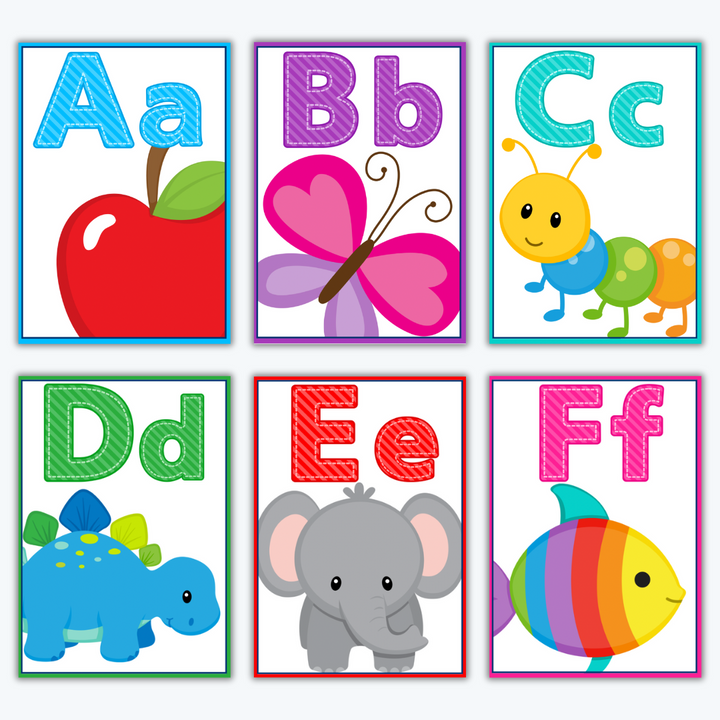Bright alphabet flashcards featuring letters A to F paired with matching animals and objects like apple, butterfly, and elephant.