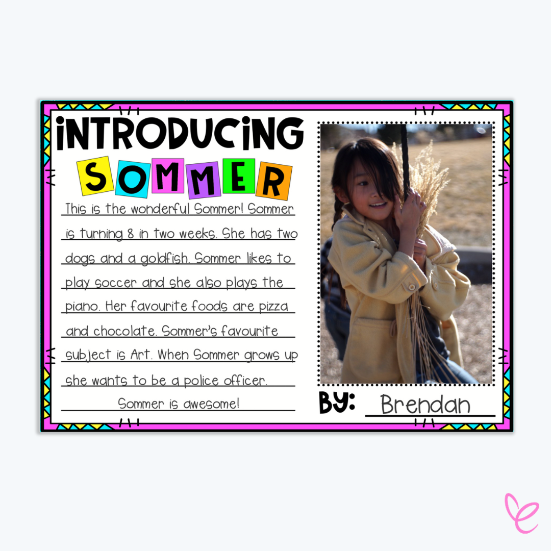 Filled-in Classmate Interview poster with spaces completed for names and a photo helping students learn about each other."