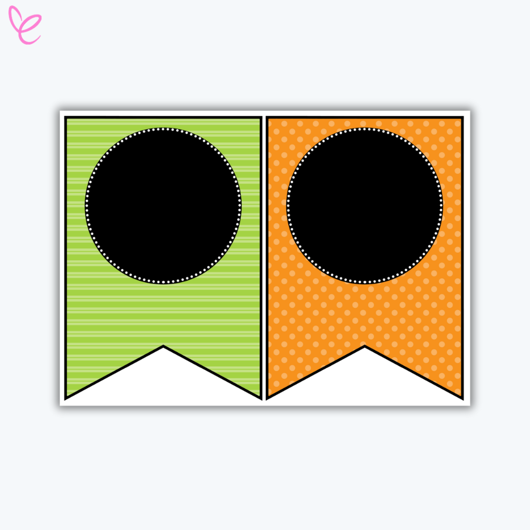 Two editable classroom pennant flags – one in lime green with horizontal stripes and one in orange with polka dots. Each has a large black circle in the middle, ideal for adding text or icons.