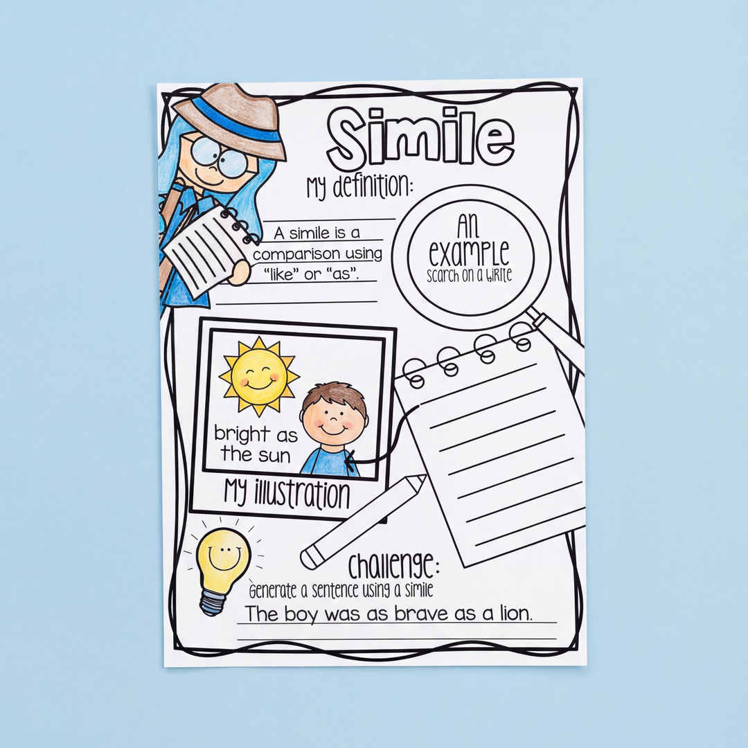 A black-and-white literacy worksheet titled “Simile” is displayed on a light blue background. The worksheet includes sections for students to write a definition, record an example, create an illustration, and complete a writing challenge using similes. Colourful sample illustrations show a smiling sun and child with the phrase “bright as the sun.” Additional prompts explain that a simile is a comparison using “like” or “as,” with an example sentence at the bottom reading, “The boy was as brave as a lion.” T