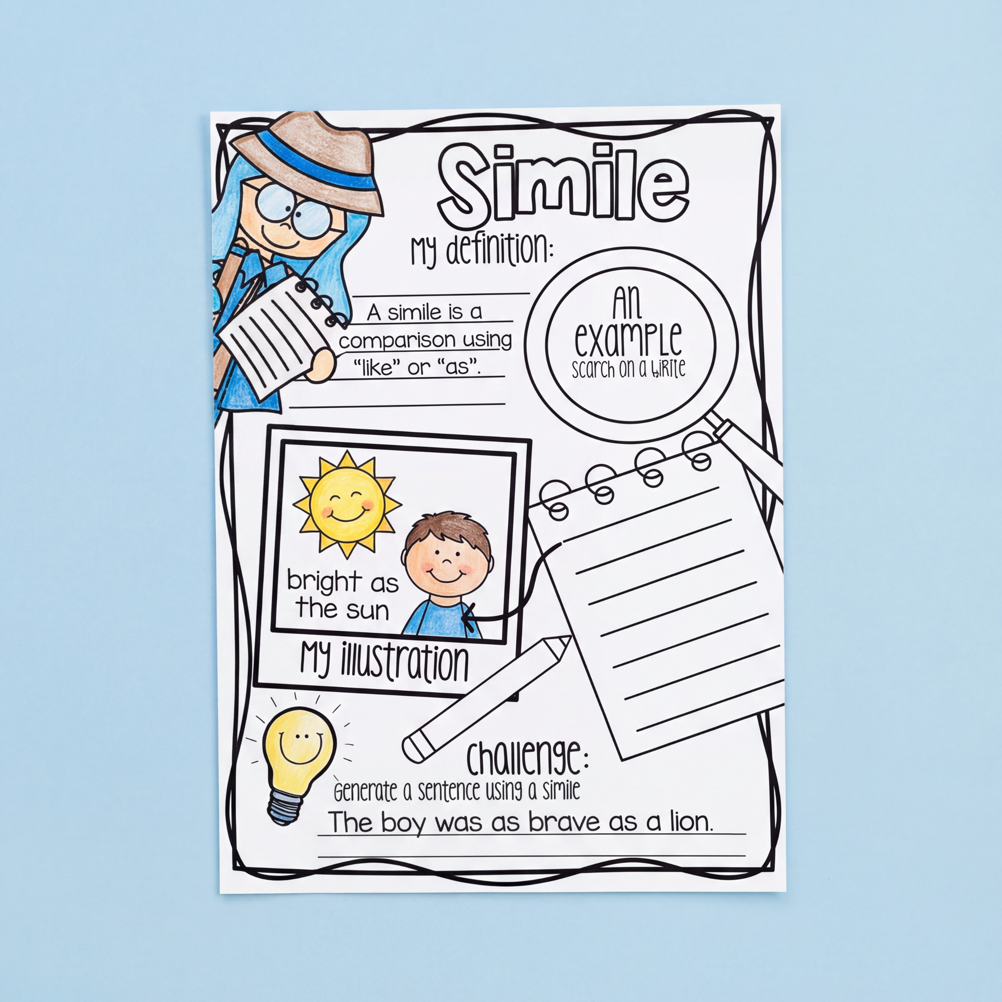 A black-and-white literacy worksheet titled “Simile” is displayed on a light blue background. The worksheet includes sections for students to write a definition, record an example, create an illustration, and complete a writing challenge using similes. Colourful sample illustrations show a smiling sun and child with the phrase “bright as the sun.” Additional prompts explain that a simile is a comparison using “like” or “as,” with an example sentence at the bottom reading, “The boy was as brave as a lion.” T